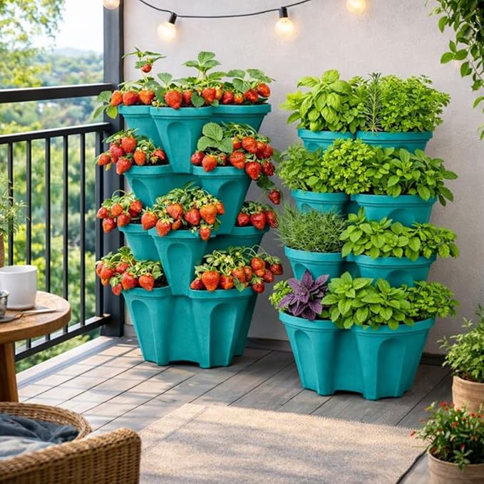 Strawberry Planter Tower, 4 Tier Stackable Vertical Planter, 28 Plant Sites, Space Saving Garden Planter, Indoor Outdoor, Made in USA (Mineral Teal, Small)