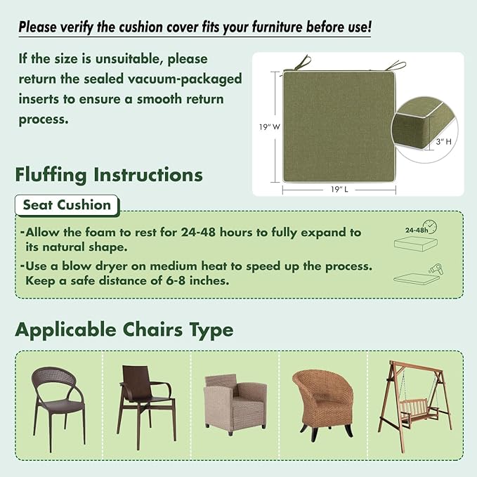 MIULEE Green Outdoor Chair Cushions Set of 4, 19x19x3 Inch Waterproof Patio Seat Cushions for Outdoor Furniture Couch Sofa, 3 Year Color Fastness High Density Foam with Adjustable Ties