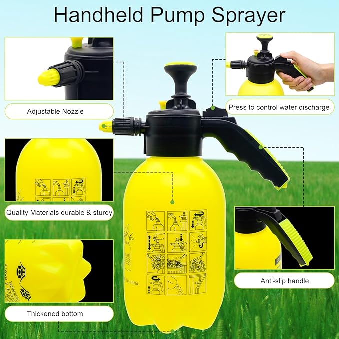 68oz Garden Pump Sprayer, 2L Hand Pressure Sprayer Bottle with Safety Valve, 0.5 Gal Lawn Adjustable Sprayer for Plant Mister Spraying Weeds Home Cleaning Watering (Yellow)