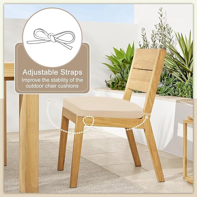 Cozyide Outdoor Chair Cushions, Waterproof Patio Seat Cushions with Adjustable Straps, Round Corner Patio Chair Cushions for Garden, Beige, 17x16x2 Inch (Pack of 4)