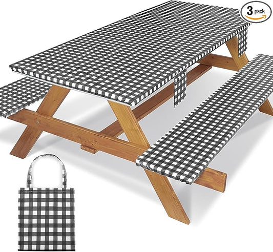 3 Piece Fitted Elastic Picnic Table Cover with Bench Covers 96x30 Inch Weather Proof Outdoor Table Cloth Summer Motorhome Patio Vacation Things White Elephant Gifts for Her Who Have Everything