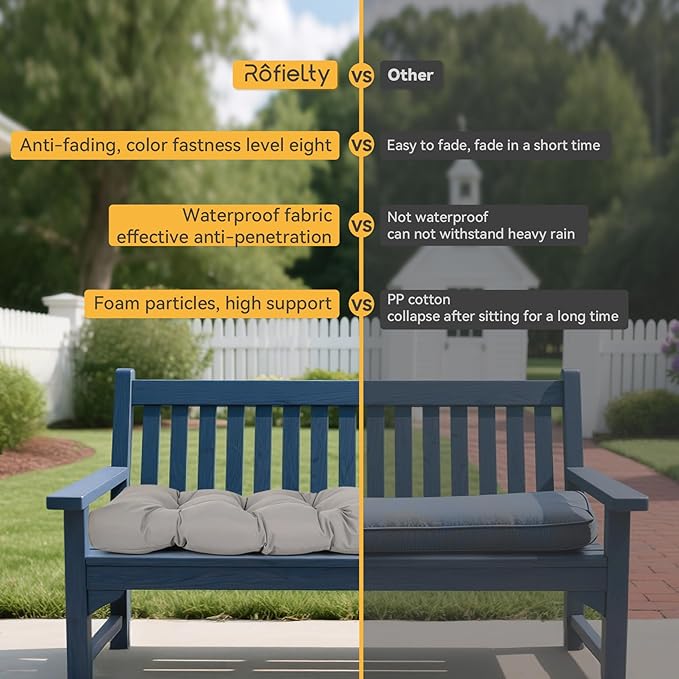 ROFIELTY Outdoor Bench Cushion, Waterproof/Sun-Proof Fabric, Tufted Bench Cushion with 2 Ties, Suitable for Outdoor Garden Bench/Swing/Indoor Furniture (Light Gray, 42×16×4)