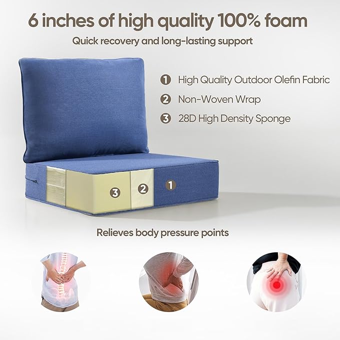 6" Thick Outdoor Cushion, 24*24*6" Patio Furniture Cushions with Waterproof Patio Furniture Cushions with Removable Cover, 28D High Density Patio Cushion for Outdoor Furniture, Blue-4pcs