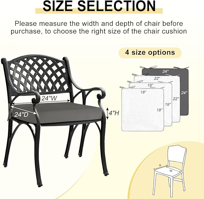 downluxe Waterproof Outdoor Chair Cushions for Patio Furniture, 24" x 24" x 4" Patio Chair Cushion with Non-Slip Ties & Portable Handle, Square Outdoor Cushion with Removable Cover, Dark Grey, 2 Pack