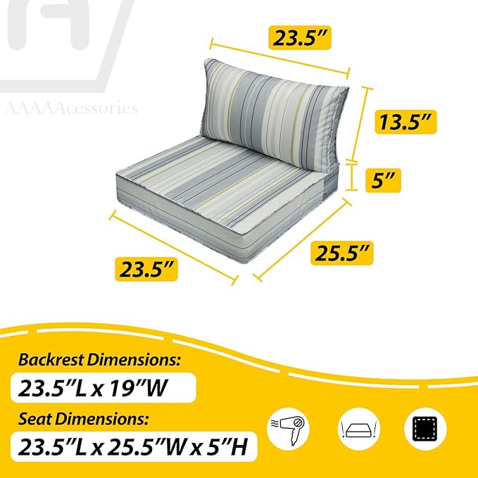 AAAAAcessories Outdoor Seat Cushions for Chairs, Fade-Resistant, Waterproof Patio Furniture Replacement Cushions, 23.5" x 25.5" x 5" + 23.5" x 13.5", Ash Blue Harbor Stripe