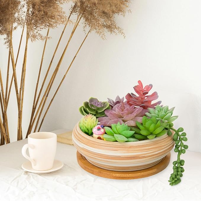 ARTKETTY Succulent Pots - 7.3/10 Inch Large Plant Pot Ceramic Bonsai Planter with Drainage Tray, Shallow Planters for Succulents Cactus Flower Small Plants Birthday Gifts for Women