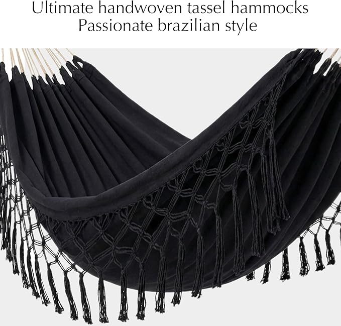 PNAEUT Double Hammocks for Outside, Replacement Outdoor Tree Hammock for Indoor Patio Porch Garden (Tassel Black, Medium)