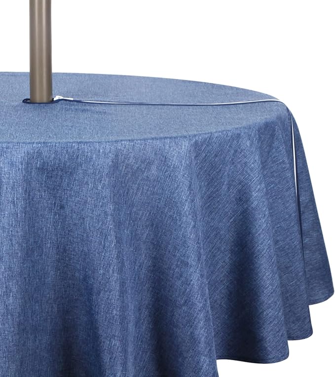 Outdoor Tablecloth Wrinkle-Free Stain Resistant Waterproof Polyester Fabric Table Cover with Zipper Umbrella Hole for Picnic/Party/Dinner/Patio Garden(60inch Round,Zippered,Denim Blue)