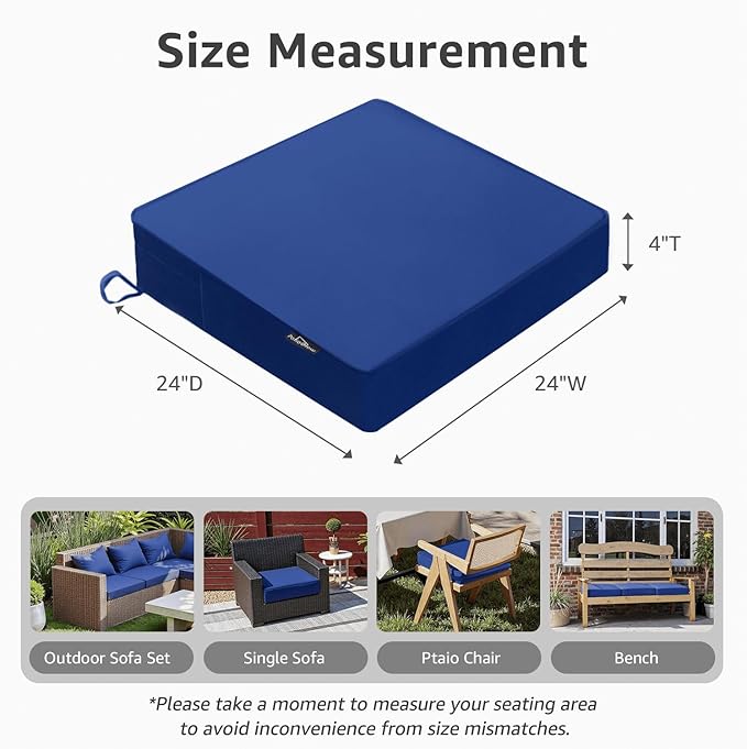 Outdoor Chair Cushions 24 x 24 x 4 Inch, Waterproof & Fade Resistant Patio Seat Cushion for Furniture with Handle and Ties, Thick Seating Pads for Outside Sofa Couch Set of 2, Blue