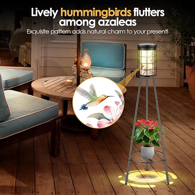 2 Pack Outdoor Solar Floor Lamp with Plant Stand, Hummigbird Print, Solar & USB 2 Way Charging, Garden Decor Gifts for Women Mom Grandma