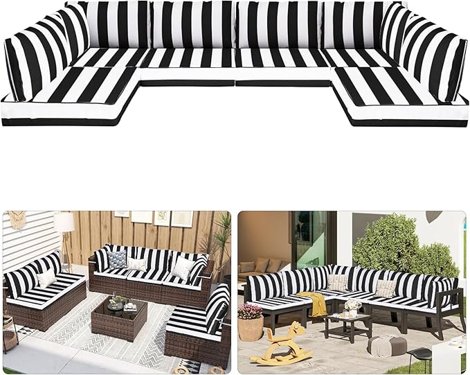 Patio Sectional Cushions, 14-Piece Replacement Cushions for Outdoor Furniture, Water-Resistant Outdoor Sofa Cushion for 6-Seat Rattan Wicker Sectional Conversation Sets (Black & White Stripes)