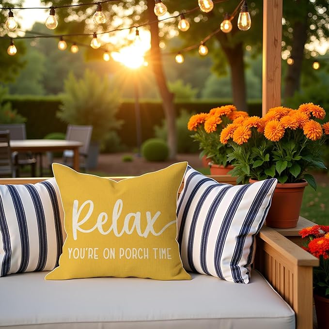PANDICORN Farmhouse Throw Pillow Covers 18x18 Inch Relax Porch Time Yellow Outdoor Spring Summer Decorations Decorative Cushion Case for Front Porch Patio Couch Sofa Decor