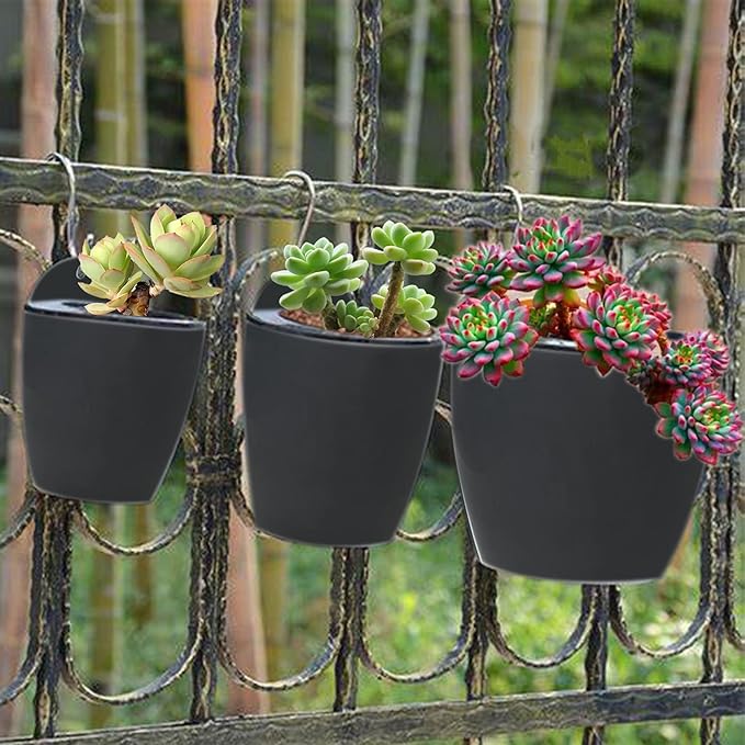 HOSTIC 7 Packs Lazy Flower Pots Shelf Water Planter Pot of Walls Self Watering Flowerpot with Hooks Suitable for Indoor and Outdoor Black