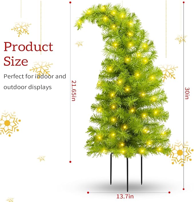 2 Pack Whimsical Christmas Urn Filler, 30 Inch Battery Operated Lighted Xmas Whimsical Christmas Tree, Tripod Stake and 60 LED Lights, Holiday Porch Decorations for Porch, Yard, Garden, Flower Beds