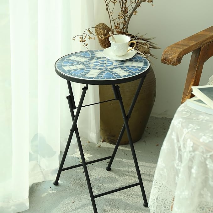 VCUTEKA Mosaic Outdoor Side Table, Patio Side Tables with 14" Ceramic Tile Top for Outside, Indoor Accent Table for Yard, Garden, Living Room, Bistro Balcony or Lawn
