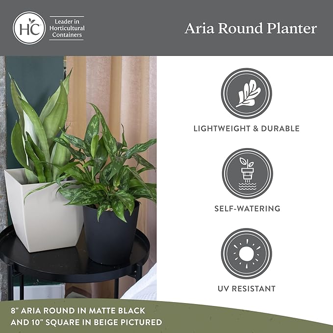 The HC Companies Aria Round Self-Watering Pot - Lightweight Plastic Planter for Herbs & More - Durable Plant Pots for Indoor Plants & Outdoor Plants (8" Glossy Black, Pack of 2)