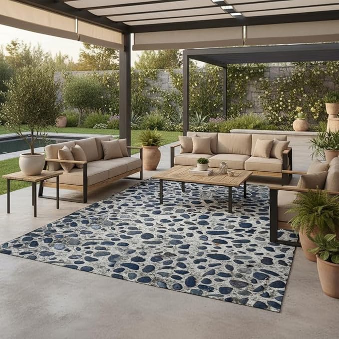 Irregular Pebblestones Design Deck Rug 3x5 Dark Blue Beige Aesthetic Texture Outdoor Waterproof Rugs for Balcony Patios Porch Backyard Garden RV Camping Thin No Shedding Durable Outside Mat