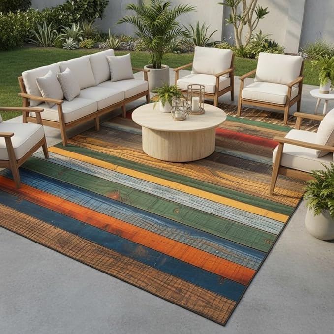 Retro Old Wooden Board Farmhouse Style Outdoor Area Rug for Backyard Balcony Patio Deck Washable Non Slip Outside Carpet Multicolor Wood Grain Waterproof Durable Indoor Outdoor Floor Mats 8x10