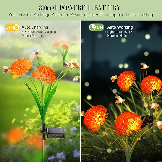 Solar Garden Lights, 2 Pack Solar Swaying Bee Lights with Flowers, Waterproof Firefly Light Outdoor for Garden Patio Yard Pathway Fall Decoration, Gifts for Women Mother's Day