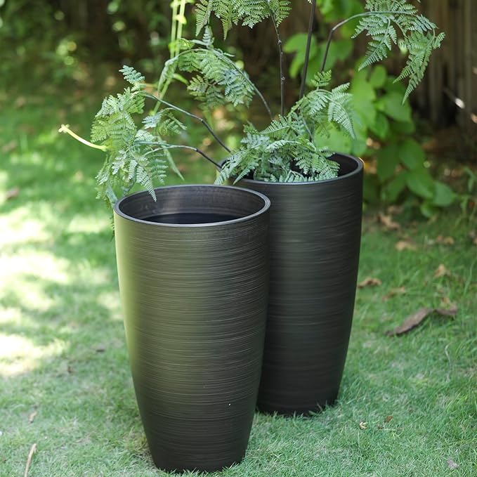 Tall Round Planter 2Pack-11.8"W*21"H Dark Wooden Grain Finish Flower Pots Indoor Decorative Container Garden Patio Outdoor Indoor Plants Unbreakable Resin With Drainage Hole&Movable Insert Shelf