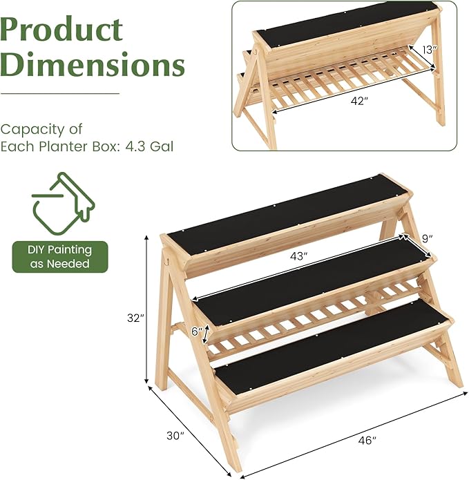 S AFSTAR 3-Tier Vertical Garden Bed, Wooden Elevated Planter Bed with Legs, Storage Shelf, 2 Hooks, Raised Bed Kit for Flower Vegetable Herb, Outdoor Plant Box Stand for Yard Garden & Balcony