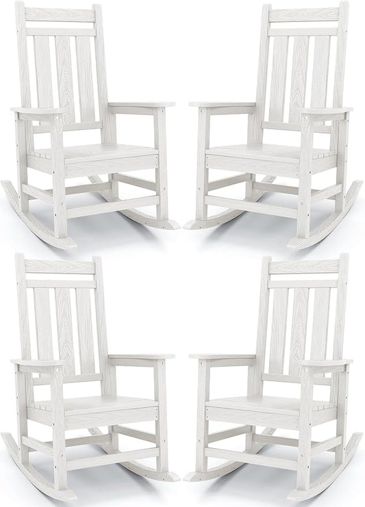 KINGYES Outdoor Rocking Chair Set of 4, All-Weather Patio Rocking Chairs for Porch, HDPE Rocking Outdoor Chairs with High Back for Adult, Heavy Duty Outdoor Patio Rockers for Garden, Lawn, White