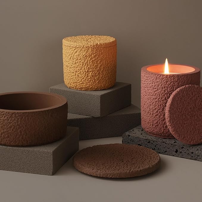 Storage Box With Lids, Silicone Jar Molds Set, Creative Vessels Pot Molds, Concrete Round Stripe With Cover Bottle Making Moulds for Candle Holder Storage (D-Rough Tall)