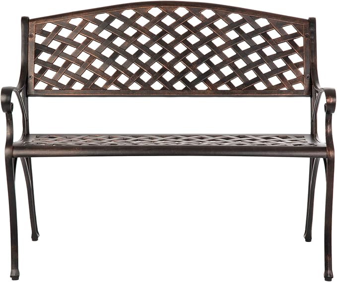 Balkene Home 61491 Patio Bench Cast Aluminum Lightweight Sturdy Bench Perfect for Relaxing Pause in Garden, Backyard Patio Basketweave Design - Antique Bronze Finish