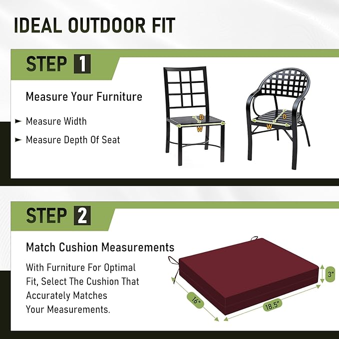 Basic Beyond Outdoor Chair Cushions Set of 2, Square Corner Outdoor Cushions for Patio Furniture, Water Resistant Patio Chair Cushions with 2 Ties, 18.5x16x3, Burgundy