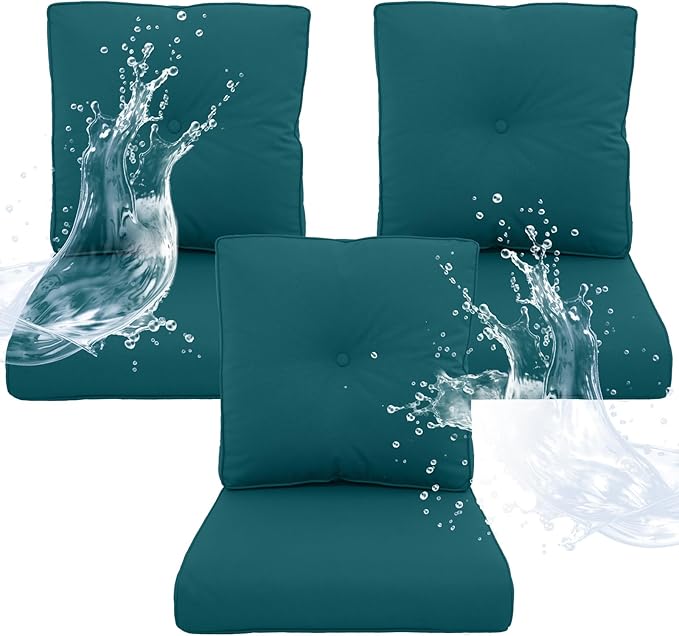 Outdoor Chair Cushions 3 Sets - 22 * 24" Patio Furniture Cushion with Removable Cover, 28D High Density Sponge Filling Outdoor Patio Cushion for Chair, Rocker, Sofa and Loveseat - Turquoise