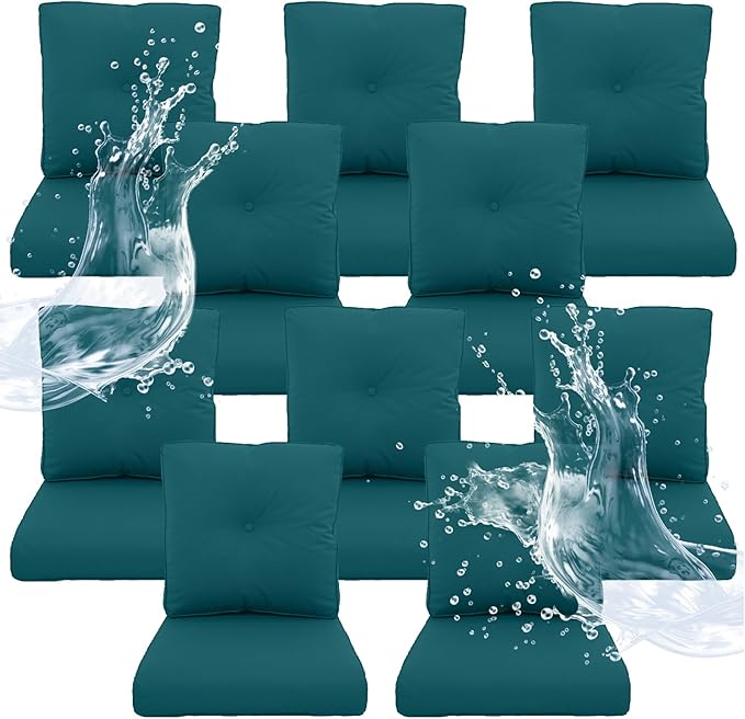 Outdoor Chair Cushions 10 Sets - 22*24" Patio Furniture Cushion with Removable Cover, 28D High Density Sponge Filling Outdoor Patio Cushion for Chair, Rocker, Sofa and Loveseat - Turquoise