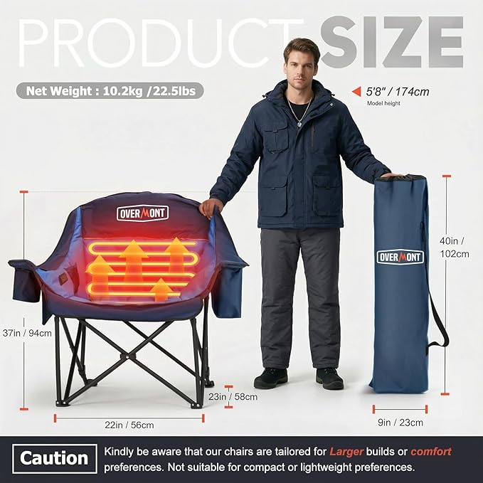 Overmont 2PCS Heated Oversized Camping Chair for Adults - 3 Heat Levels Seat & Back Separately Control - 400lbs Support Heavy Duty Padded Folding Chair Outdoor Garden Portable - Battery NOT Included