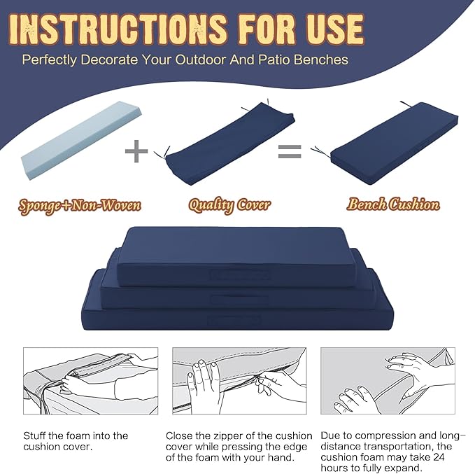 Outdoor Bench Cushion 48 x 18 x 4 Inch, Memory Foam Patio Bench Cushion for Outdoor Furniture Waterproof, Porch Swing Pad with Handle and Adjustable Strap, Navy