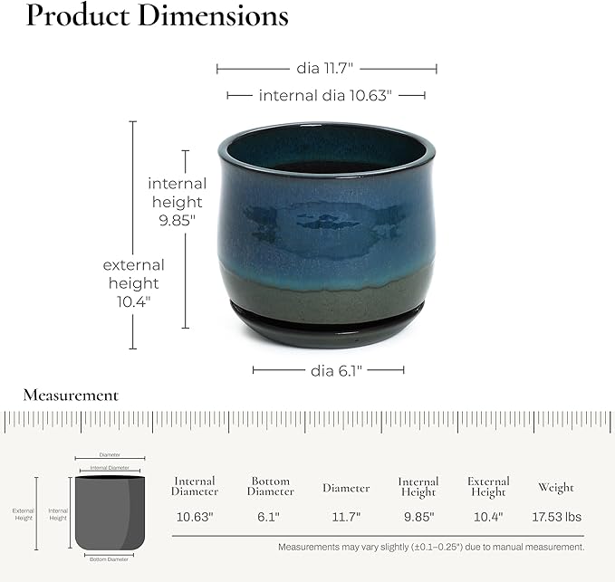 LuxenHome 12" Dia Ceramic Plant Pot, Indoor Outdoor Large Planter with Drainage Hole and Saucer, Blue and Green Gradient Glaze Flower Pot, Modern Decorative Planter for Home Garden Patio Porch