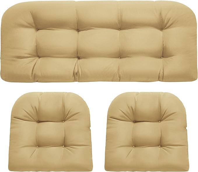 Wicker Chair Cushions, Waterproof Outdoor Loveseat Cushions for Patio Furniture, Tufted Wicker Furniture Cushions, 1 Loveseat and 2 U-Shaped Cushions, Khaki