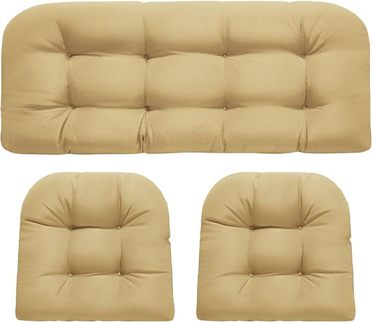 Wicker Chair Cushions, Waterproof Outdoor Loveseat Cushions for Patio Furniture, Tufted Wicker Furniture Cushions, 1 Loveseat and 2 U-Shaped Cushions, Khaki