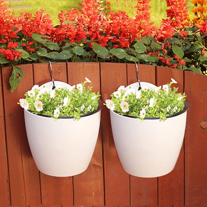 Jucoan 9 Pack Self Watering Wall Hanging Planters Pots for Indoor Plant, 5 Inch White Plastic Lazy Flower Pot with 9 Hooks for Garden Fence, Porch, Wall