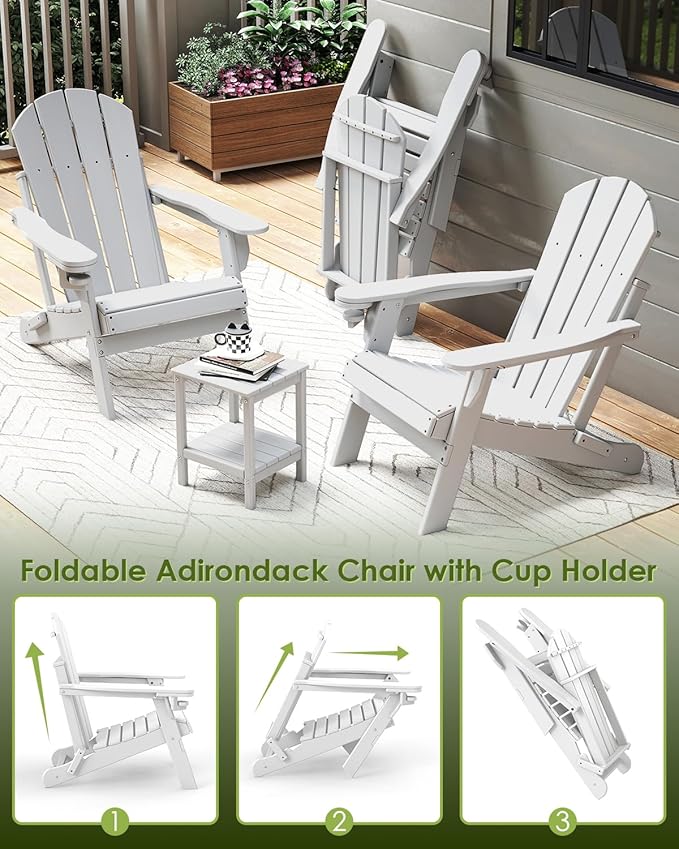 GREENVINES Folding-Adirondack-Chair | HDPE Plastic | Fire Pit Chairs | All Weather | Cup Holder | White | for Deck Backyard Patio Outdoor Garden