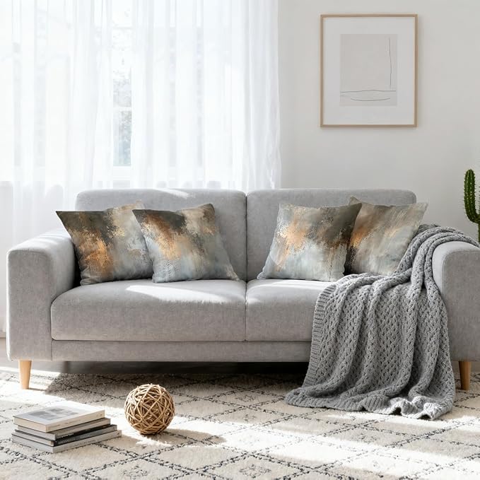 Abstract Pillow Covers 18x18 inch Set of 4, Grey Gold Metallic Modern Throw Pillow Covers Cushion Case for Home Farmhouse Couch Sofa Bed Indoor Outdoor Decor