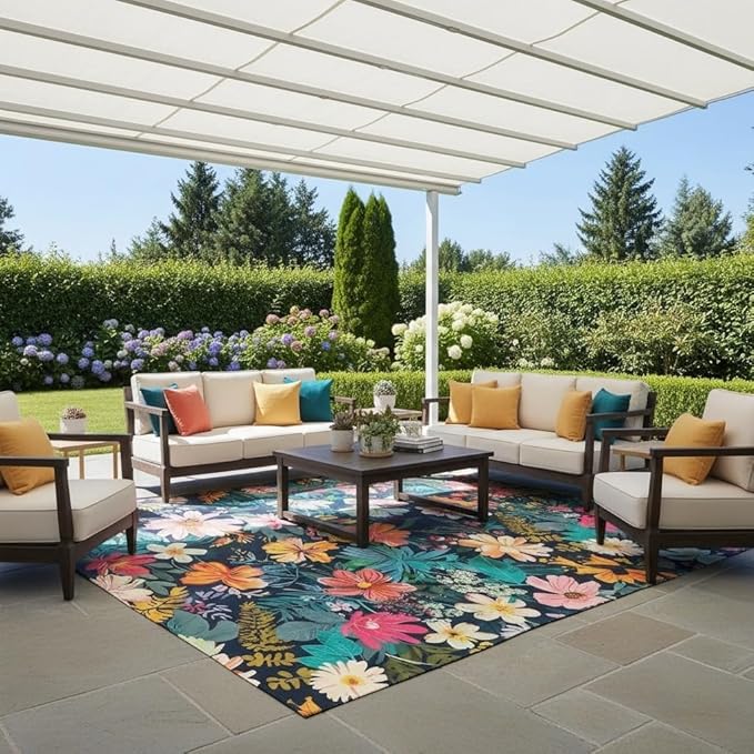 Waterproof 2x3 Floral Outdoor Rug Tropical Botanical Floral Outdoor Area Rug for Balcony Patio Porch Garden Camping Pool Deck Yard Multi Flowers Machine Washable Large Carpet Anti Slip Backing Mat