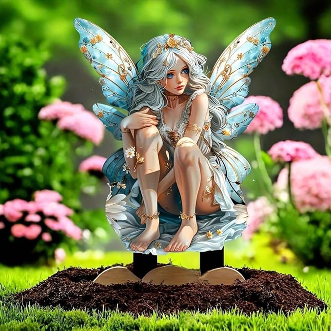 Garden Decor, Acrylic 2D Stake, Pot Plants Garden Yard Lawn Outdoor Fairy Statue Ornaments, Fairy Garden Accessories Decoration (Style E)