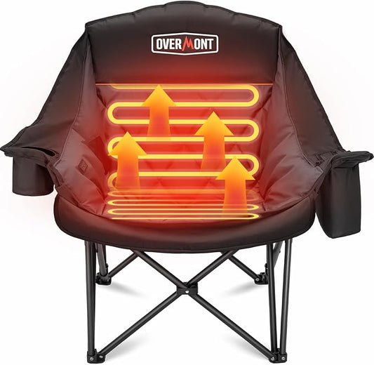 Overmont Heated Oversized Camping Chair for Adults - 3 Heat Levels Seat & Back Separately Control - 400lbs Support Heavy Duty Padded Folding Chair Outdoor Garden Portable - Battery NOT Included