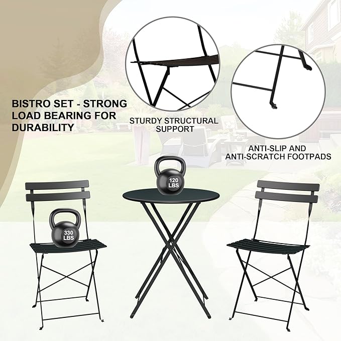 Bistro Table and Chairs Set of 2, 3 Piece Outdoor/Indoor Folding Patio Bistro Sets, 2 Chair Patio Furniture Set with Table, Premium Frame Foldable Coffee Tables for Balcony, Yard, Garden, Black