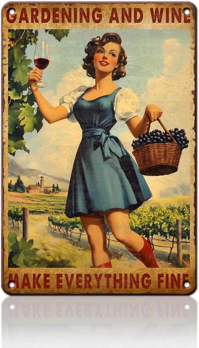 PEACHGARDEN Garden Vintage Tin Sign Gardening and Wine Make Everything Fine Metal Tin Sign for Bar Pub Cafe Wall Kitchen Bathroom Outdoor Indoor Wall Decor 8x12inch