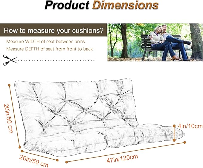 2-3 Seat Swing Replacement Cushion, Outdoor Bench Cushions with Backrest Thicken 4", Patio Furniture Garden Porch Loveseat Glider Pad Anti-Fading Waterproof (Khaki, 40x47in)