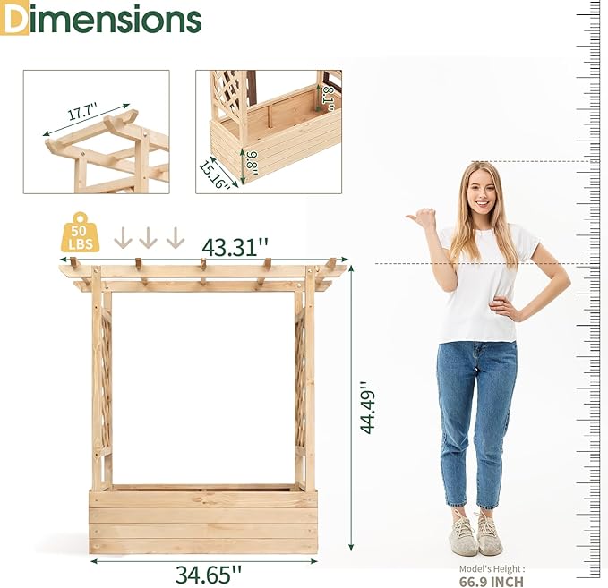 Outvita Raised Garden Bed with Trellis, Wood Planter Box with Hanging Roof, Side Trellis and Drainage Holes, Above Ground Elevated Garden Bed for Outdoor Climbing Plants Vegetables (Natural Wood)