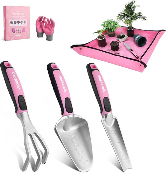 WORKPRO 5PCS Garden Tool Set, Powder Coating Compact Aluminum Gardening Tool Set with Repotting Mat, Outdoor Garden Hand Tools, Ideal Gardening Gift, Pink Ribbon