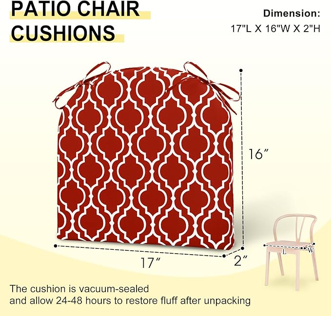 downluxe Outdoor Chair Cushions Set of 4 for Patio Furniture, Water-Resistant Patio Chair Cushions with Ties, High Density Foam Outdoor Seat Cushion, 17" X 16" X 2", Red Gourd