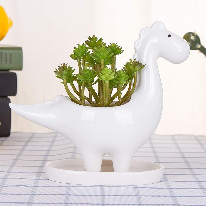 VanEnjoy Desktop Cute Cartoon Herbivorous Dinosaur White Ceramic Succulent Pot with Tray, Bonsai Cactus Flower Pot Vase Holder Decorative Organizer