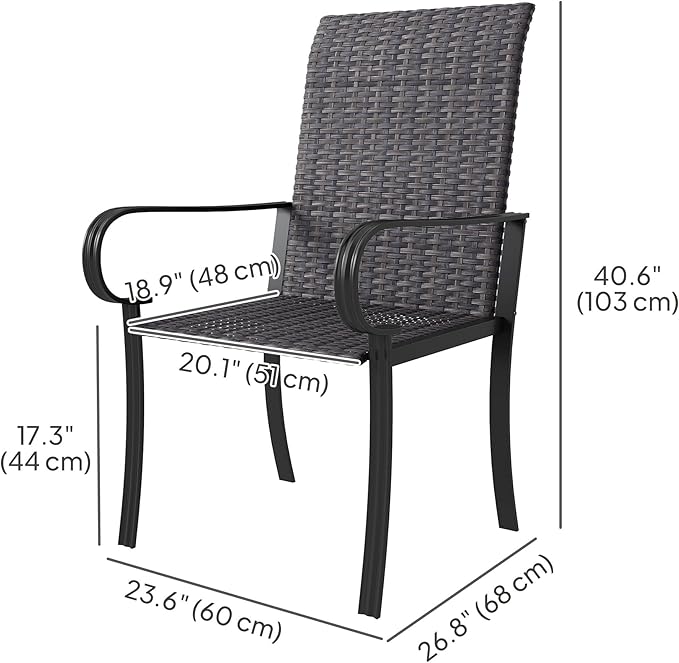 Outsunny Set of 2 Outdoor Wicker Dining Chairs, All-Weather Rattan Armchairs with Armrests, Steel Frame, High Back and Deep Seating, for Garden, Patio, Deck, Yard, Poolside, Brown